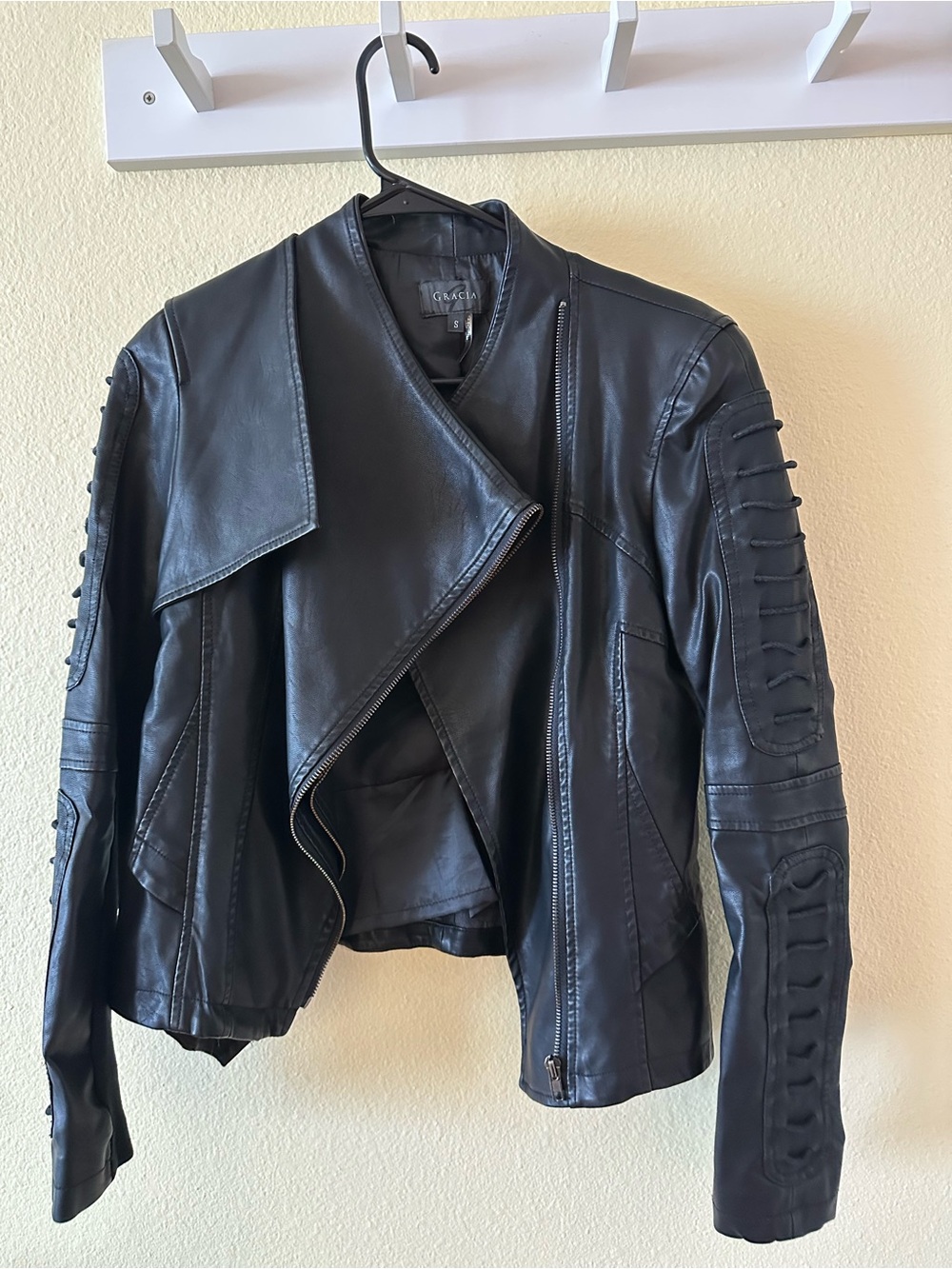 Grace in LA Black Faux Leather Asymmetric Moto Jacket with Strap Detail